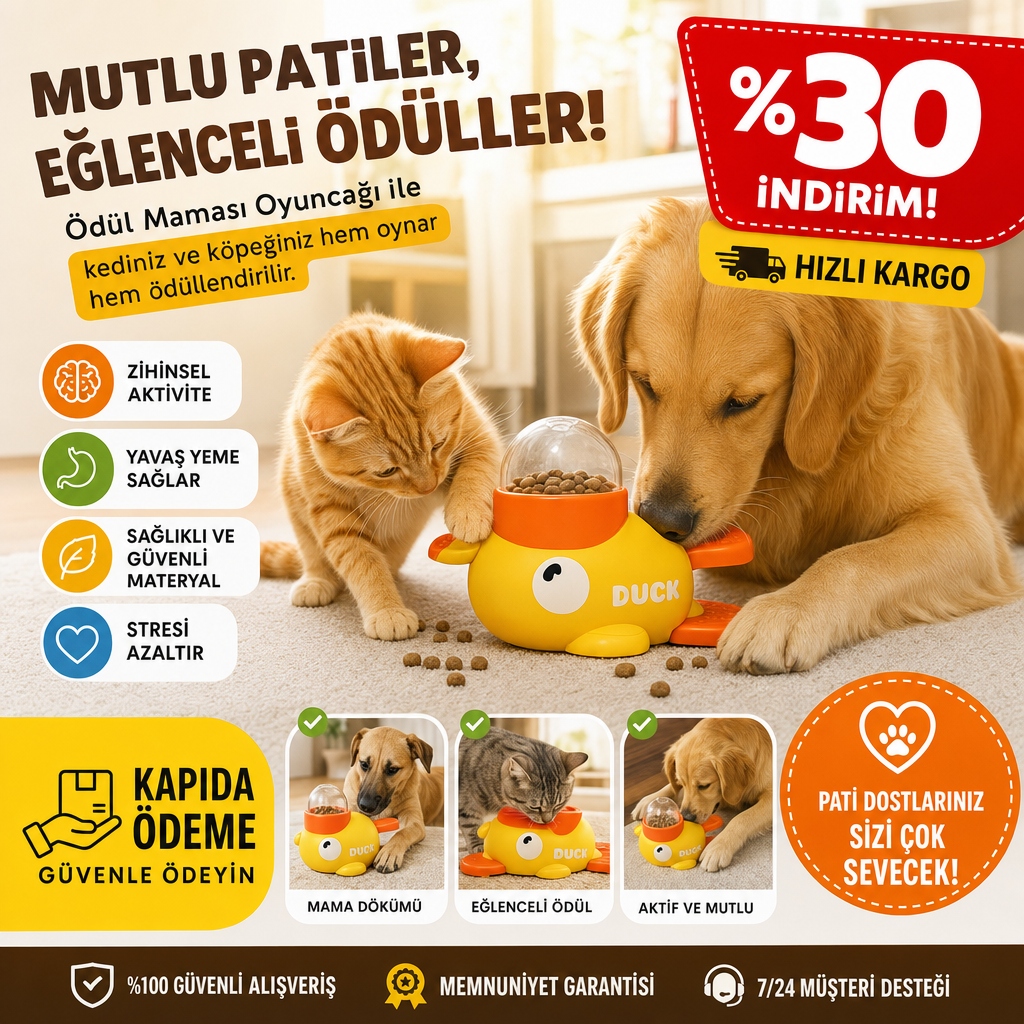 Petliva™ Duck Ödül Maması Oyuncağı | Kedi & Köpek İçin Yavaş Beslenme, Zihinsel Gelişime Faydalı Interaktif Mama Oyuncağı